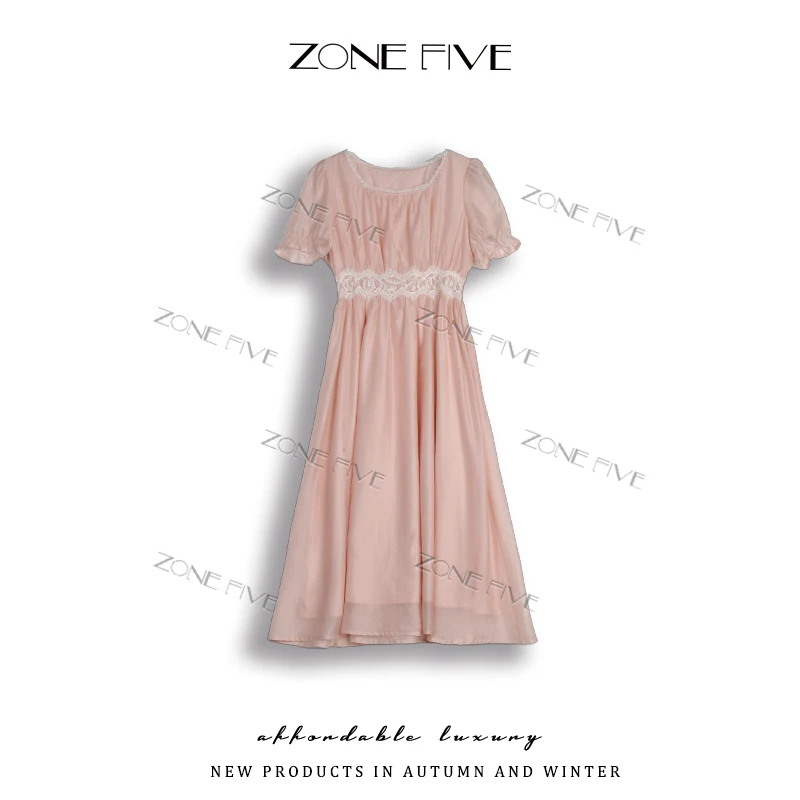 【zonefive】安琪法式轻奢度假风蓝色连衣裙女夏季气质a字大摆裙子