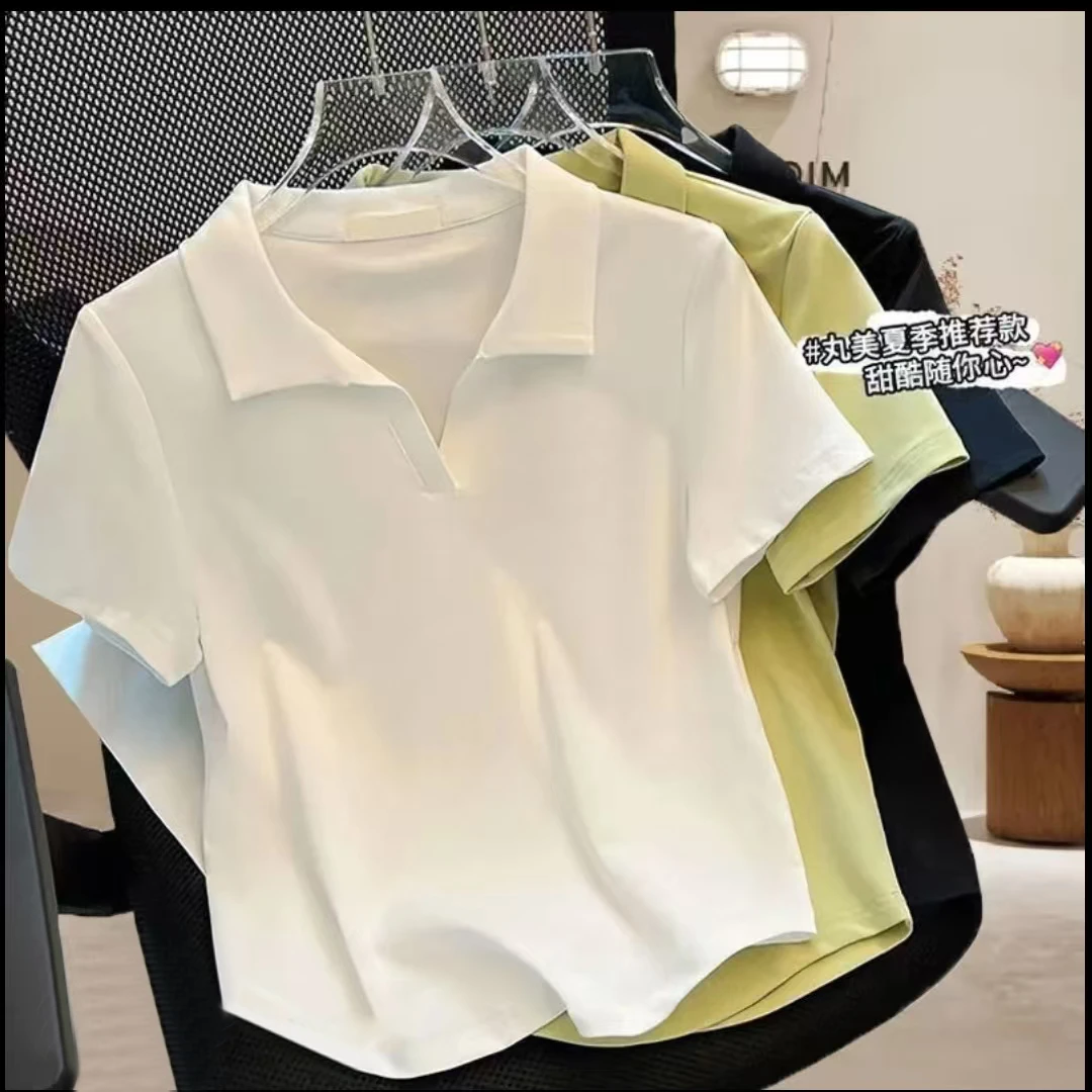 夏季2025新款设计感小众翻领POLO衫上衣不规则弧形下摆短袖T恤女