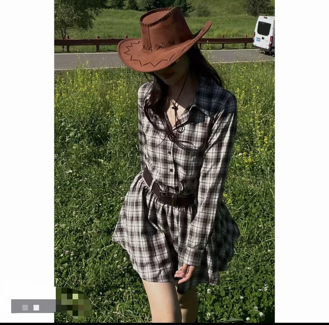 Laugh girl帕丁顿假日复古格子衬衫连衣裙配皮带