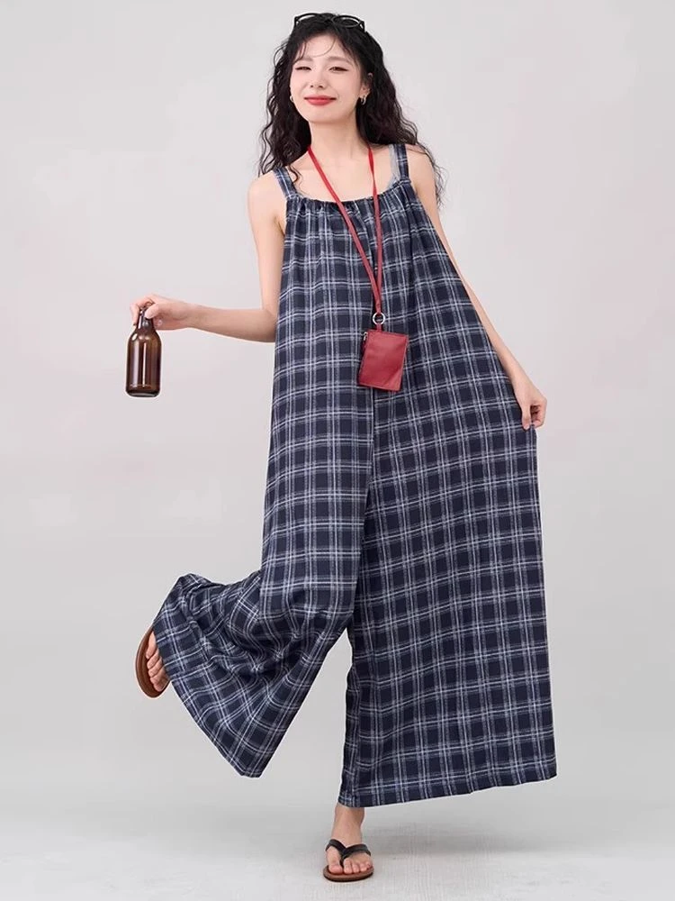 复古大腔调吊带连体裤女2025夏季显白方领时尚格子背带阔腿裤