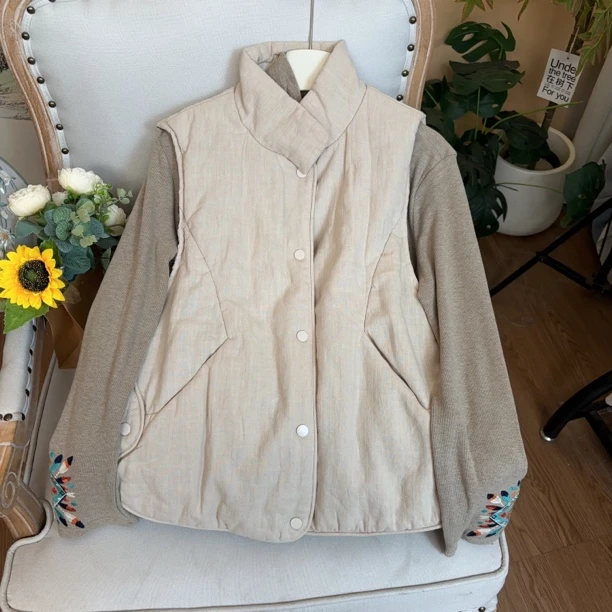 亚麻棉马甲时尚百搭休闲无袖显瘦保暖外套女加厚立领冬季宽松