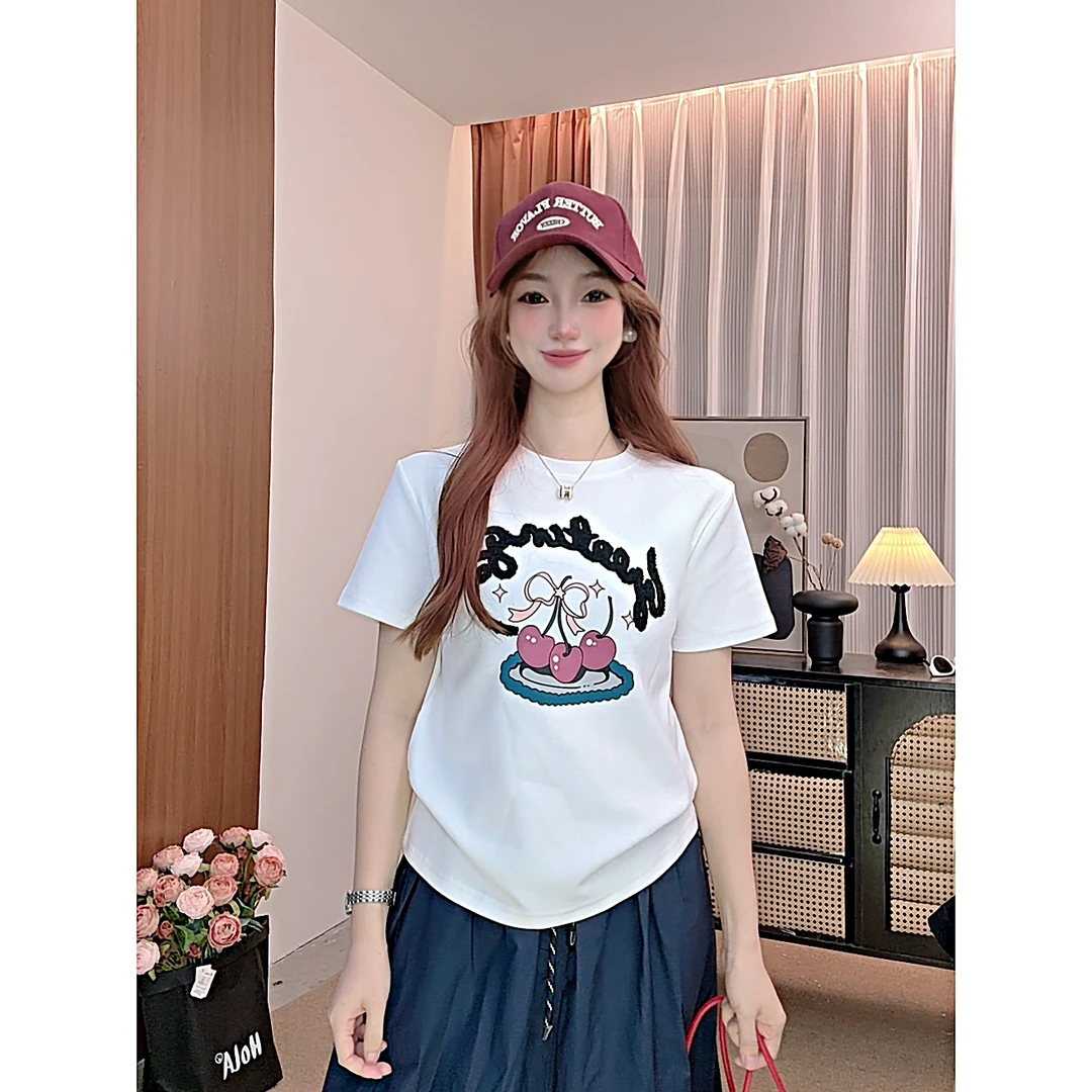 LEX-【字母樱桃】毛巾绣显瘦圆领正肩百搭短袖女