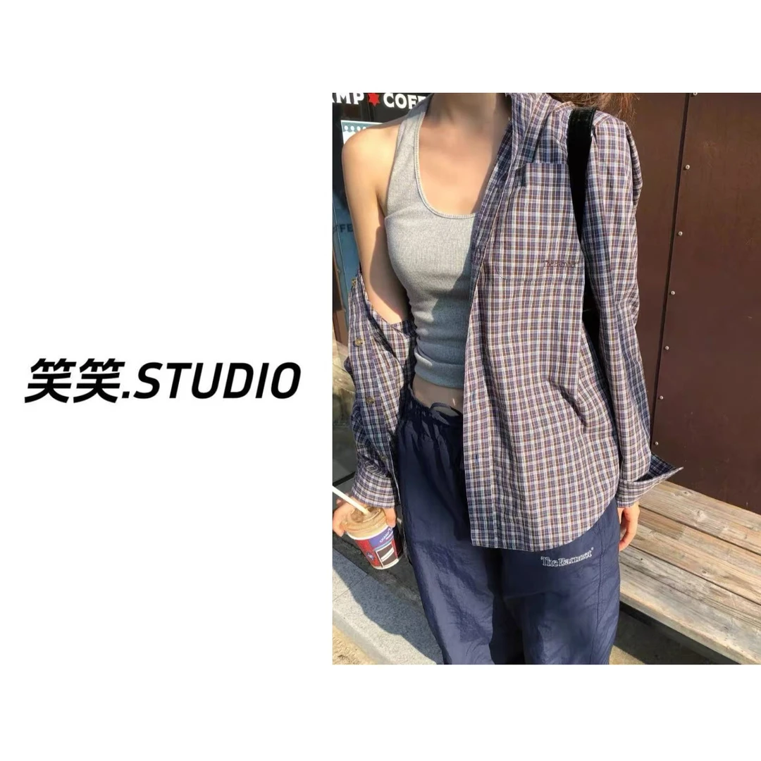 笑笑-【少年感】韩国单！春季叠穿百搭宽松休闲复古翻领蓝色格子衬衫