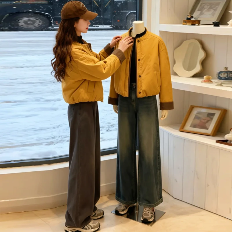 时尚显瘦百搭慵懒风宽松棉服女士2025秋冬季新款圆领显瘦百搭外套