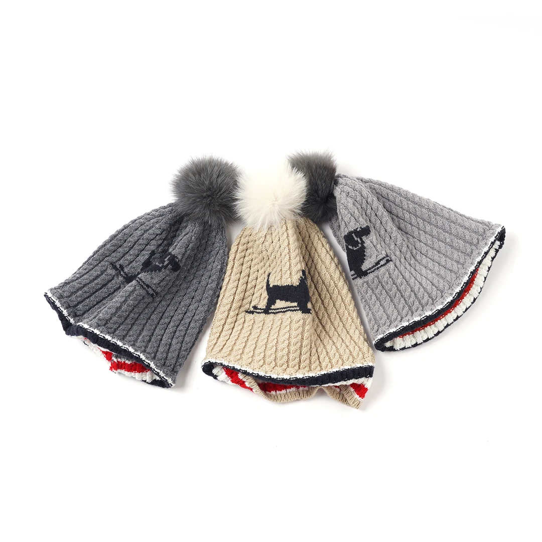 77【小狗针织帽】针织帽女款时尚女士条纹经典灰色保暖FH23MZ022