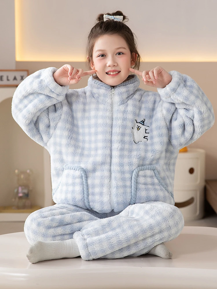 儿童珊瑚绒开衫家居服中大童冬季新款加厚外穿洋气公主风睡衣套装
