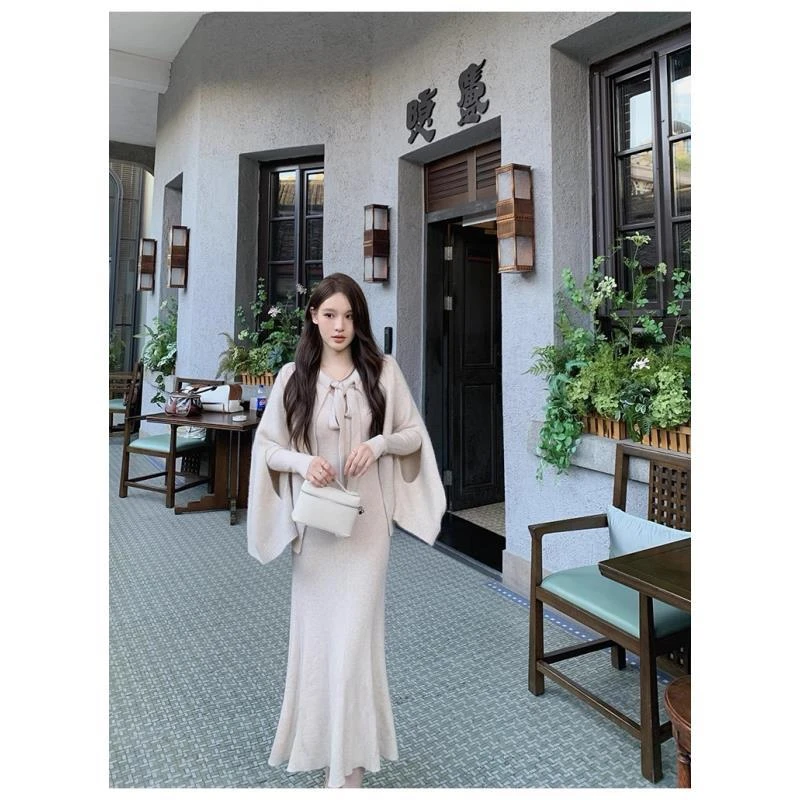 小香风休闲风日式时尚套装千金风法式少女风系带斗篷连衣裙套装