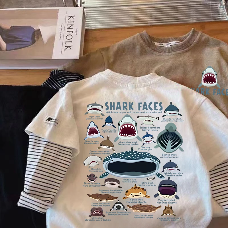 100纯棉童装春秋新款条纹男宝长袖t恤卡通鲨鱼儿童宝宝衣服秋款