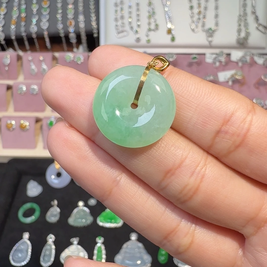 翡翠18K金镶嵌颈饰纯天然缅甸翡翠A货平安扣