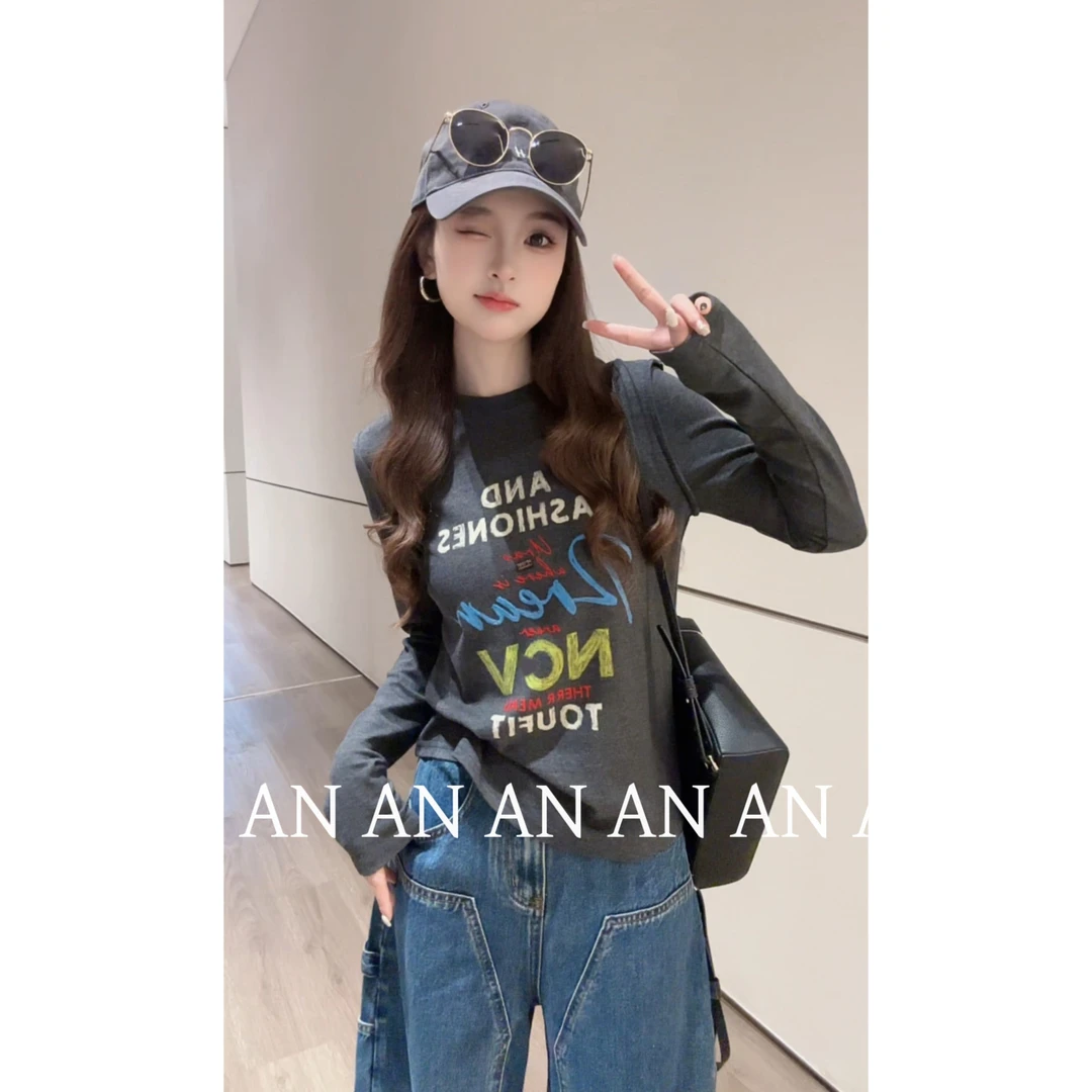 C09228韩系显瘦舒适百搭INS潮小个子圆领彩色字母打底衫T恤