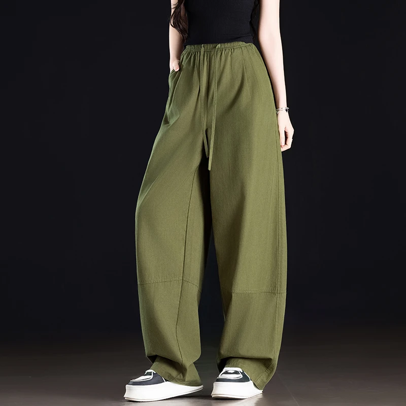 牛油果绿色裤子女夏季薄款弯刀裤镰刀裤松紧腰裤子灯笼裤休闲女裤