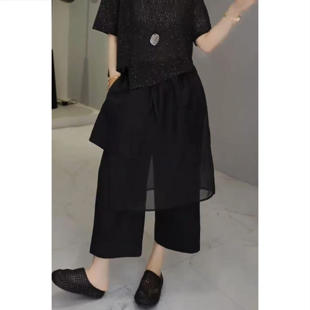 艾塔莉休闲裤夏季薄款透气拼接九分裤百搭高腰阔腿气质西装直筒裤