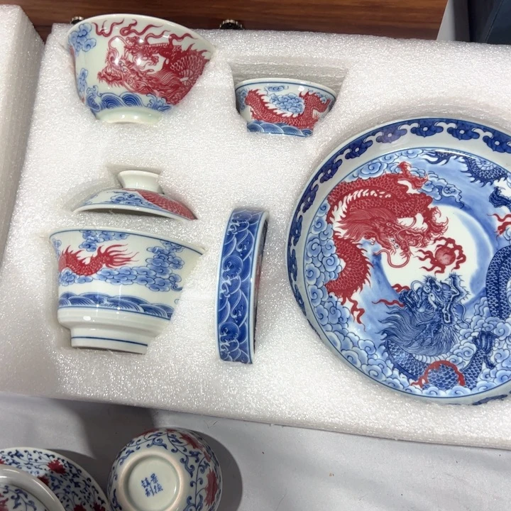 瓷片白青花双龙戏珠五件套全品