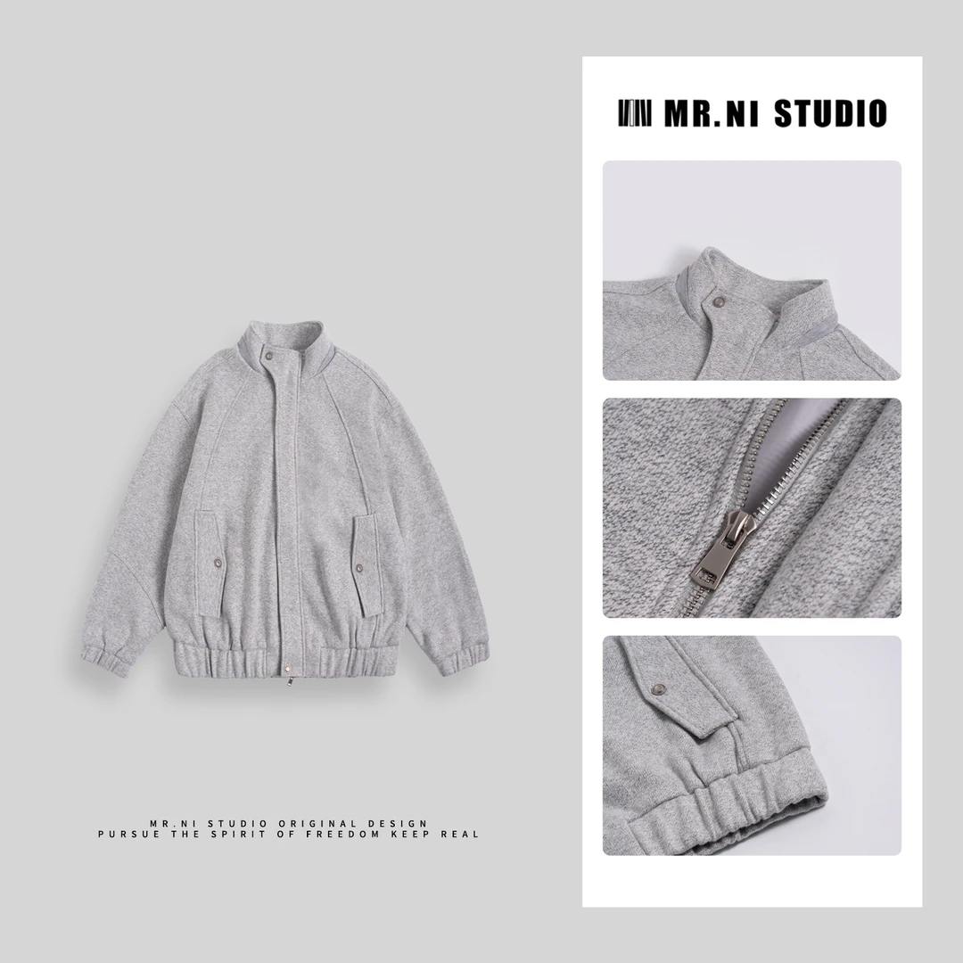 MR.NI/倪先生59206潮流羊毛连帽卫衣拉链外套