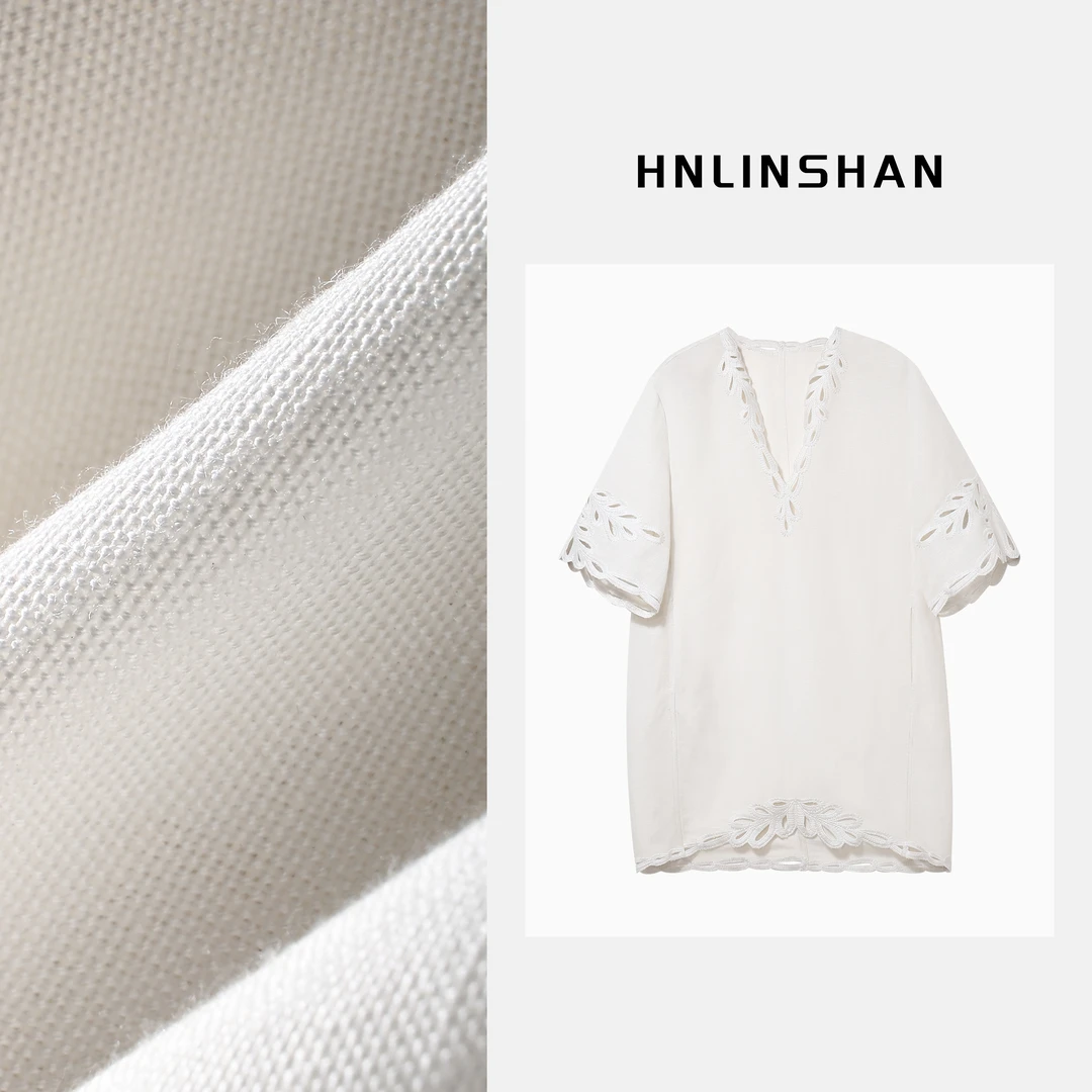 HNLINSHAN【白茶】度假风亚麻重工绣花连衣裙BXQ2018