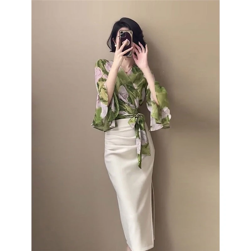 气质女神范时尚绝美职业衬衫轻熟御姐开叉套装洋气裙子显瘦高级感