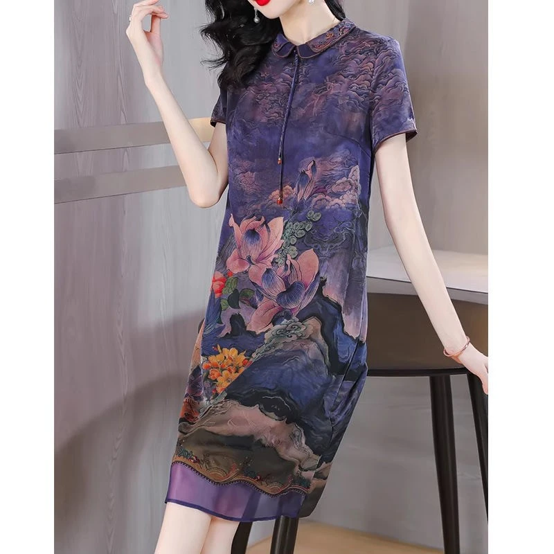 夏季复古显瘦洋气中国风印花遮肚连衣裙 2025年夏季新款新中式国