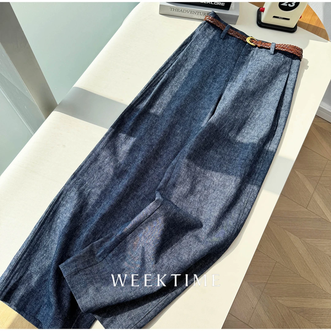 【自由调】春季亚麻水洗牛仔色复古时尚微阔腿直筒裤 百搭休闲裤