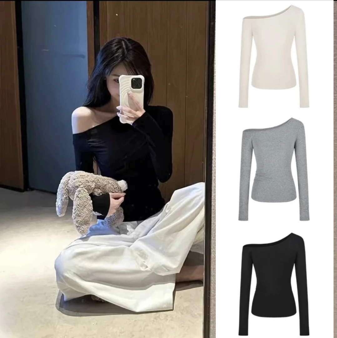 纯欲辣妹斜露肩长袖T恤女收腰修身显瘦打底衫黑色时尚百搭上衣