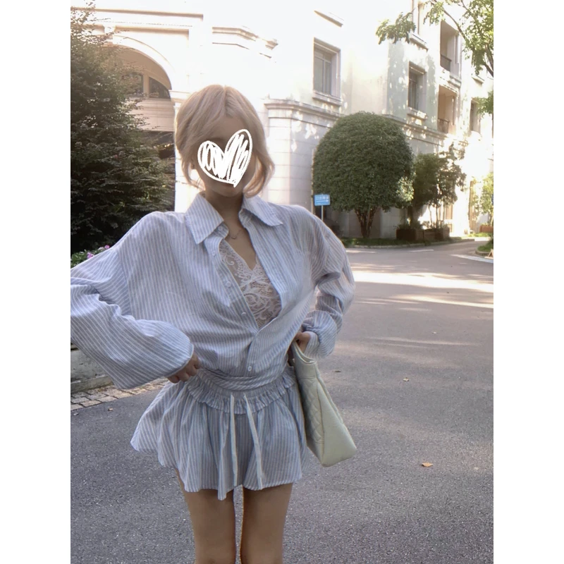 冰蓝荔夏 美式辣妹条纹短款衬衫+A字收腰伞裙学院风套装纯欲两件