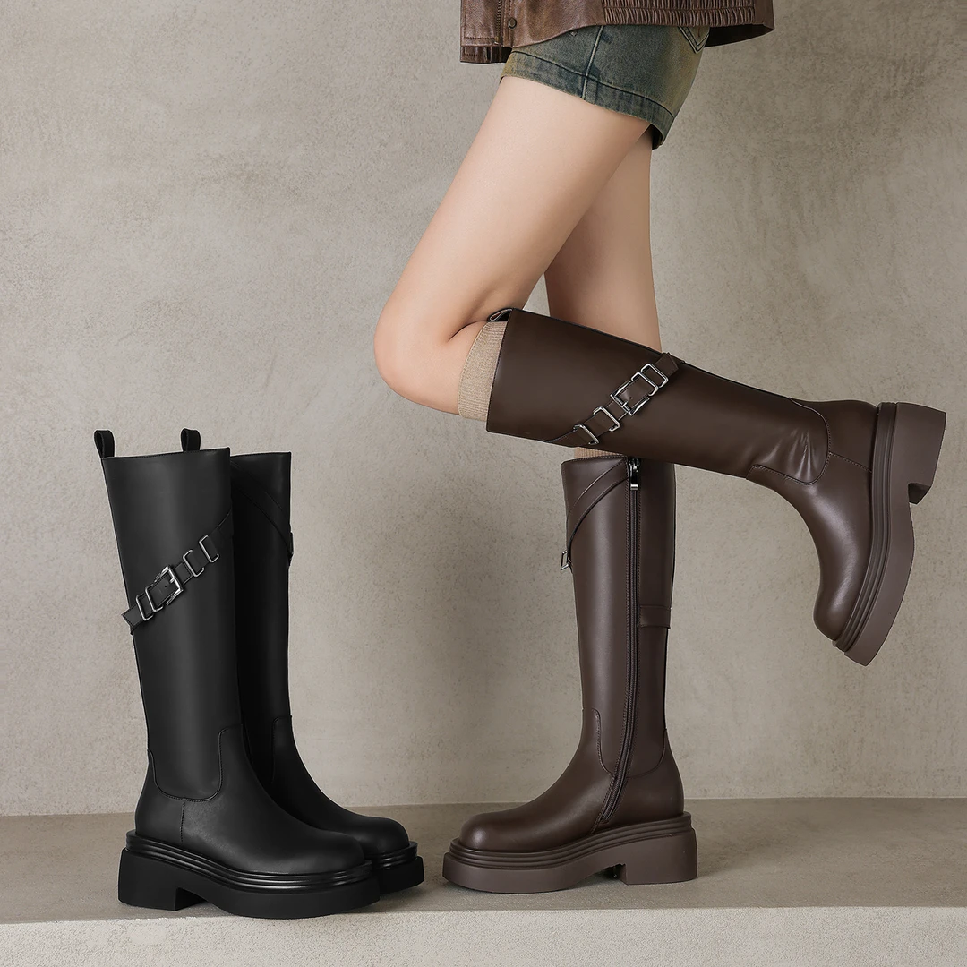 VICEN FIFI6cm/牛皮2025冬新款高筒骑士靴女厚底显瘦长靴不过膝靴