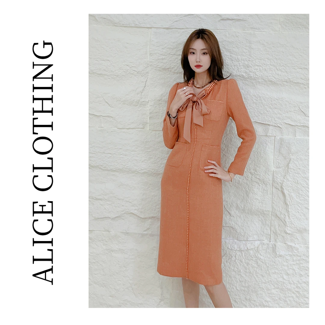 5【ALICE “橙意之作”香风连衣裙】奢贵钉珠 优雅知性 S1032502Q