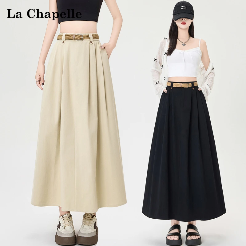La Chapelle/拉夏贝尔百褶半身裙夏季新款高腰中长款a字大摆伞裙