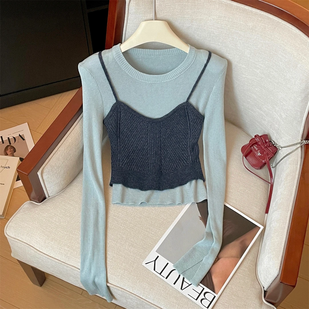 撞色拼接假两件长袖T恤女早秋季新款高级感气质显瘦内搭打底上衣