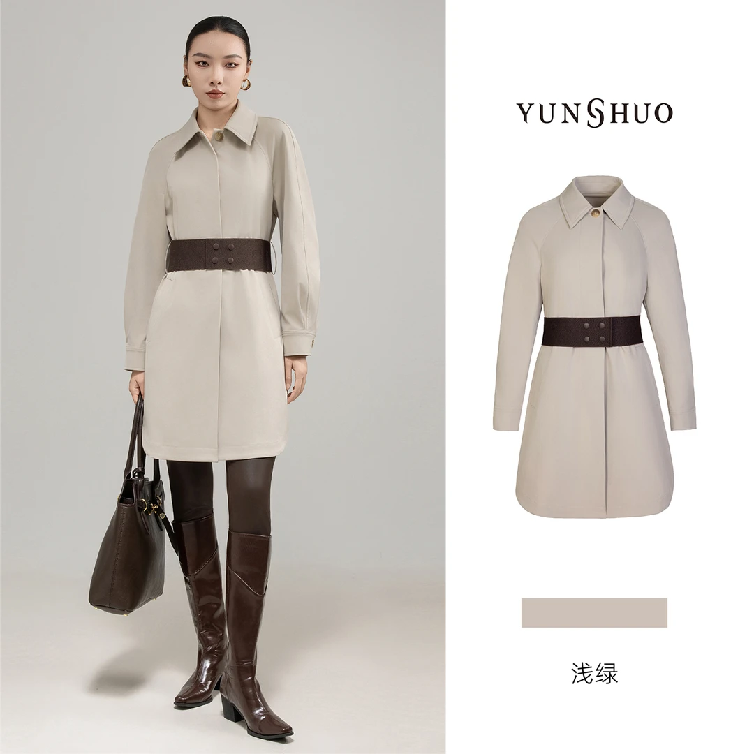 允硕新品琥珀高智风百搭气质女装翻领中长简约长袖风衣外套466123