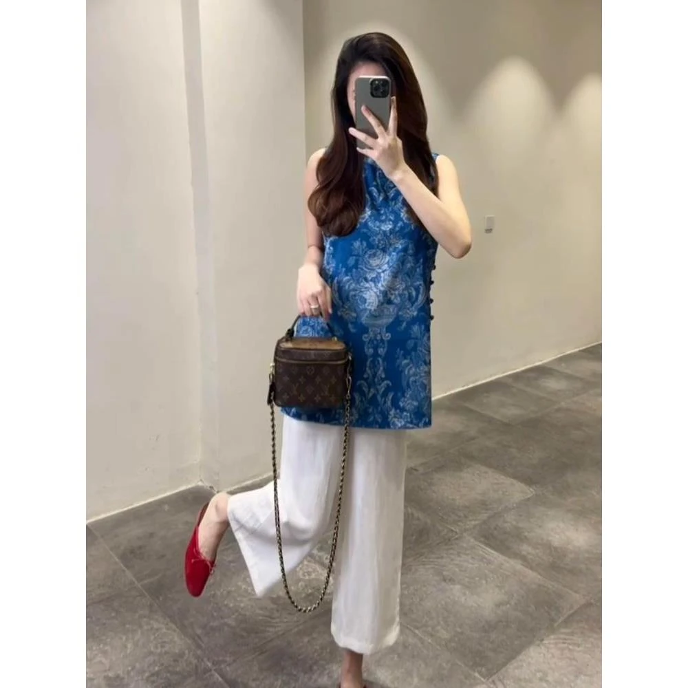 新中式女装中国风深蓝色印花盘扣衬衫中长款夏季下摆开叉无袖上衣