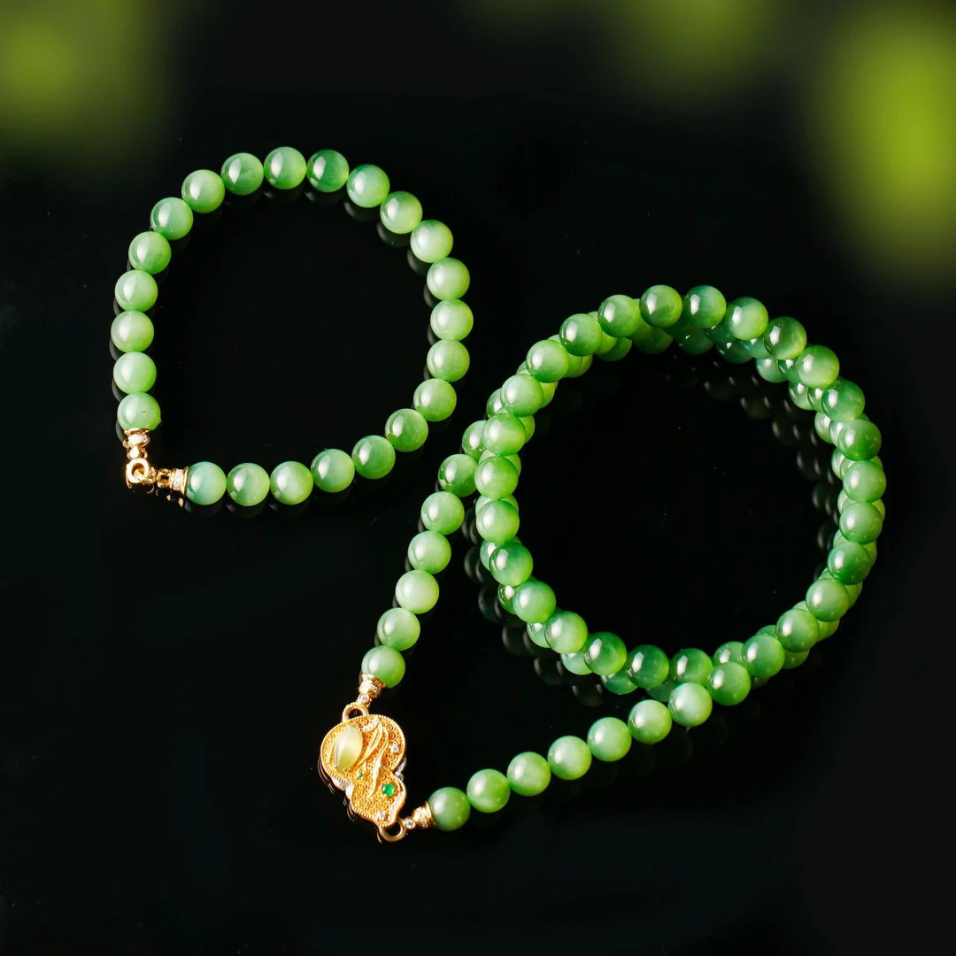 白玉世家福禄升發/18K金碧玉猫眼108项链