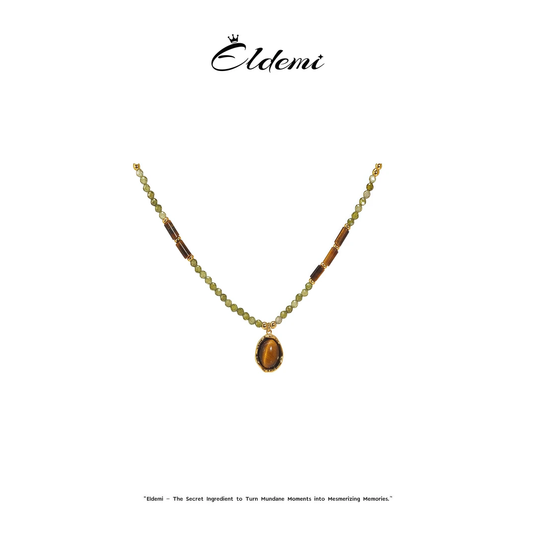 小众高级感焦糖色绿彩锆拼款复古项链A1403