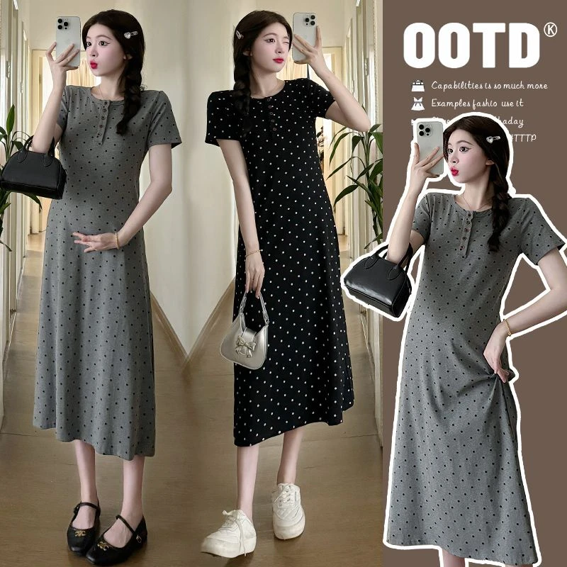 孕妇装夏装2025年夏季新款时尚款经典波点中长款孕妇连衣裙