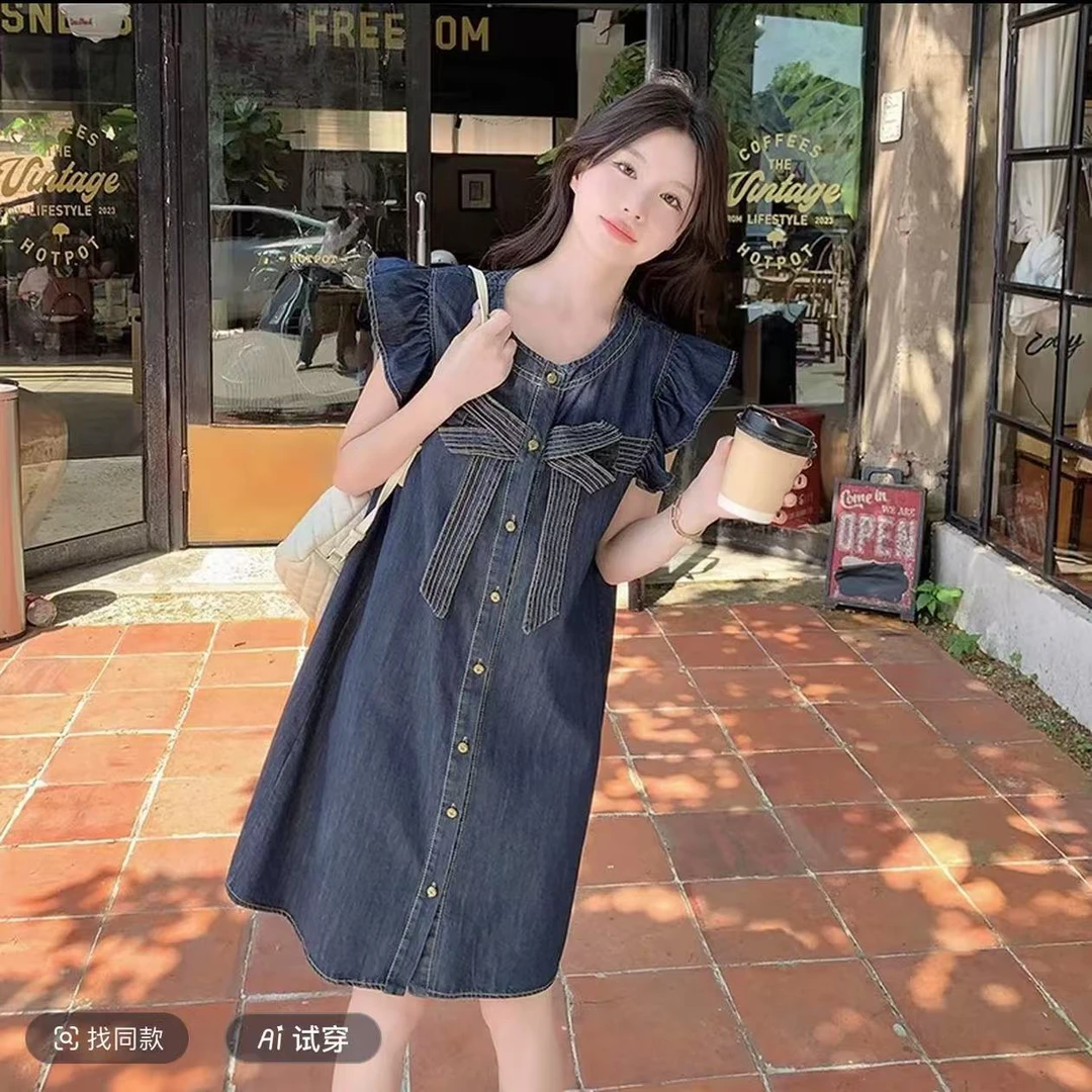 蝴蝶结减龄小飞袖牛仔连衣裙夏季新款时尚小清新小个子适用