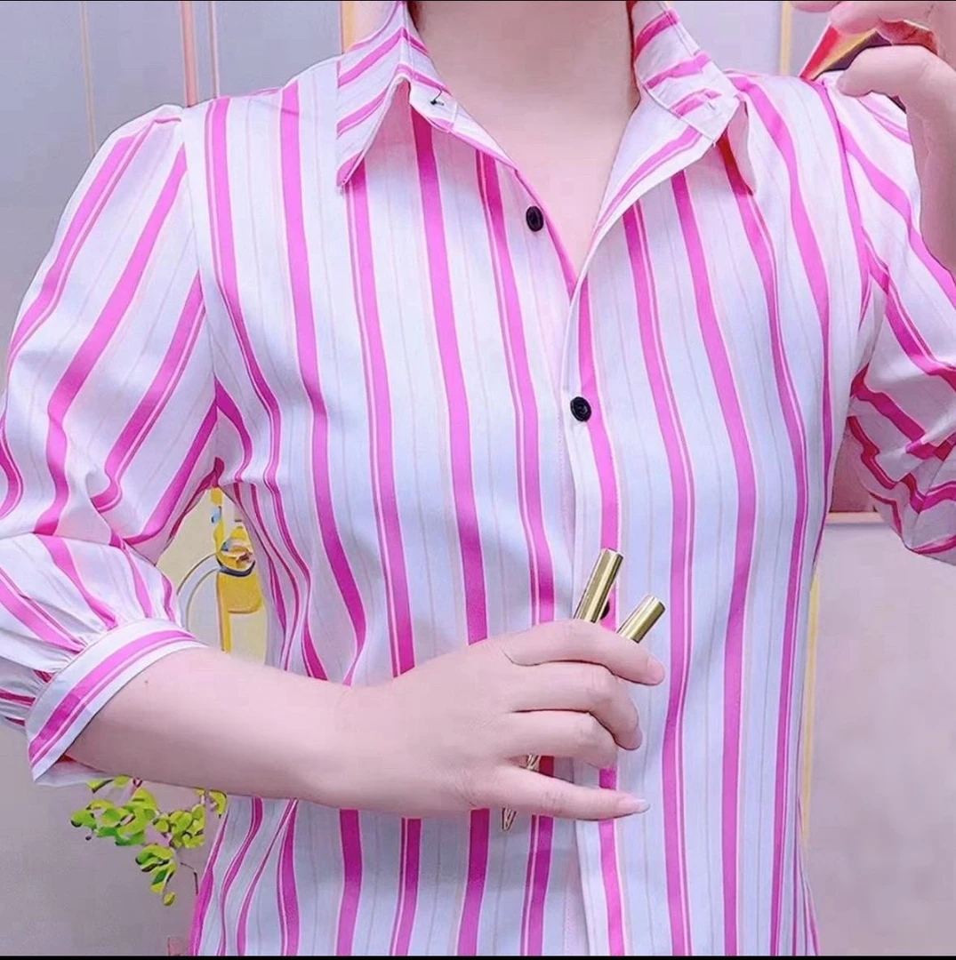 夏季新款条纹雪纺七分袖衬衫洋气时尚百搭衬衣阔太太气质上衣减龄