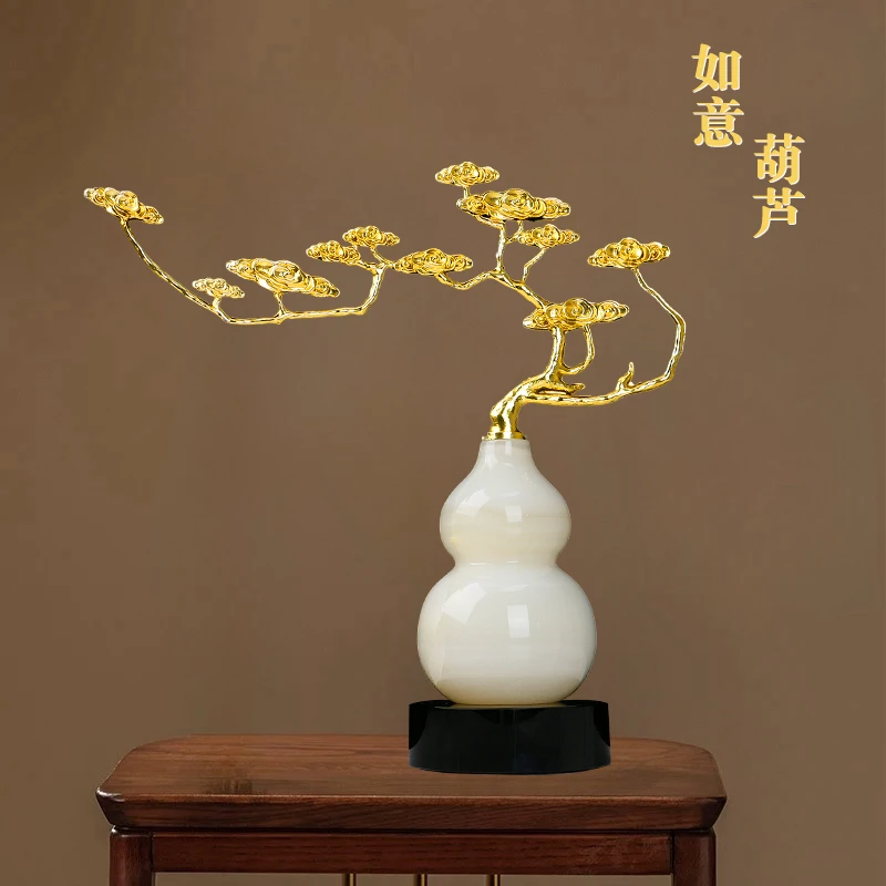 新中式轻奢迎客松玉石葫芦摆件客厅办公室玄关装饰品乔迁新居礼品