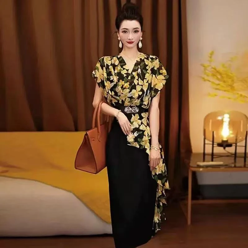 时尚V领印花拼接连衣裙女夏季新款修身显瘦气质百搭中长裙子2-017