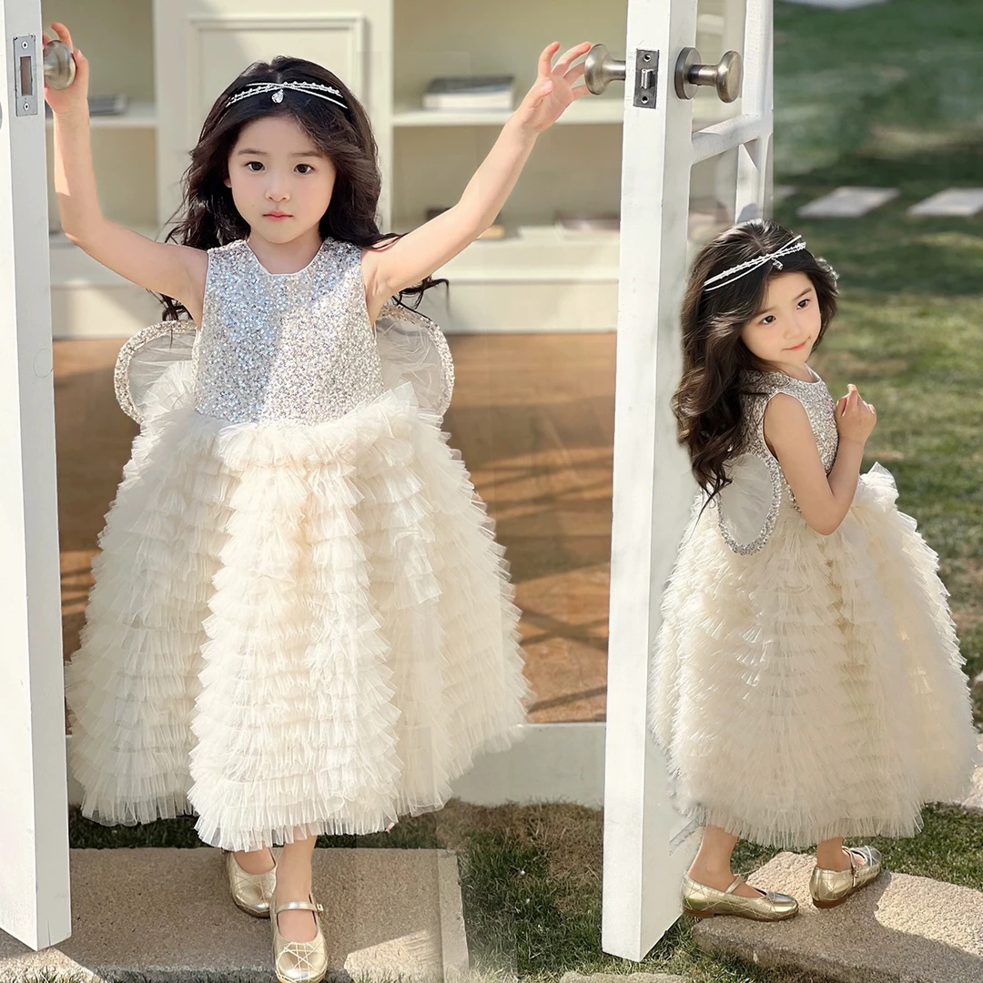 女童公主裙春夏高端天使翅膀亮片蛋糕裙生日表演礼服白色蓬蓬裙