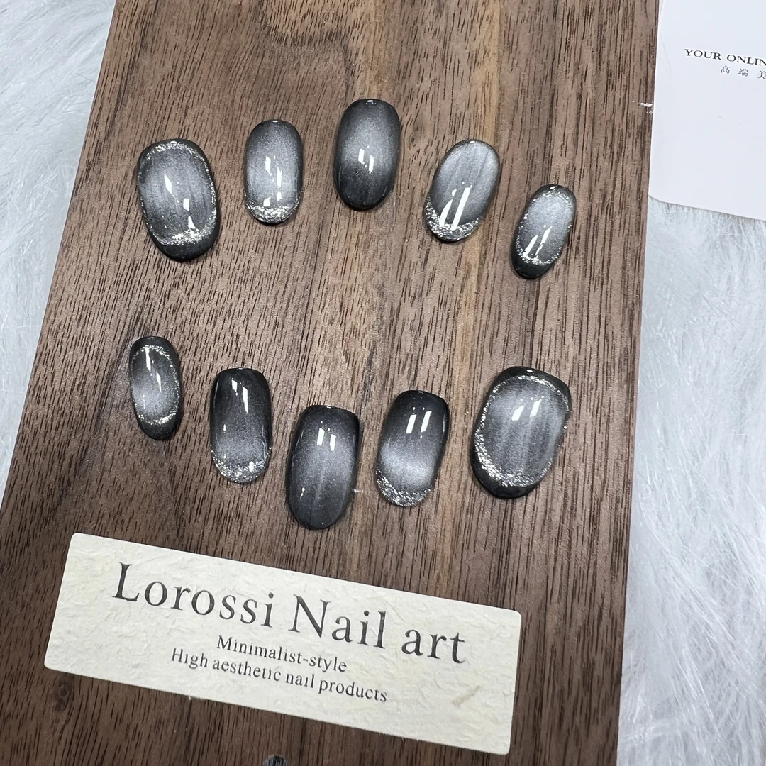 全程纯手作工穿戴甲[北极银夜]宽追光镀晶层猫眼光疗美甲贴片