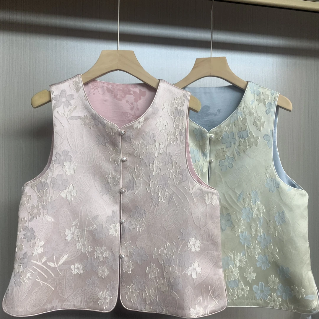 【胭脂洛】两面穿织锦提花圆领新中式女装马甲百搭国风马夹