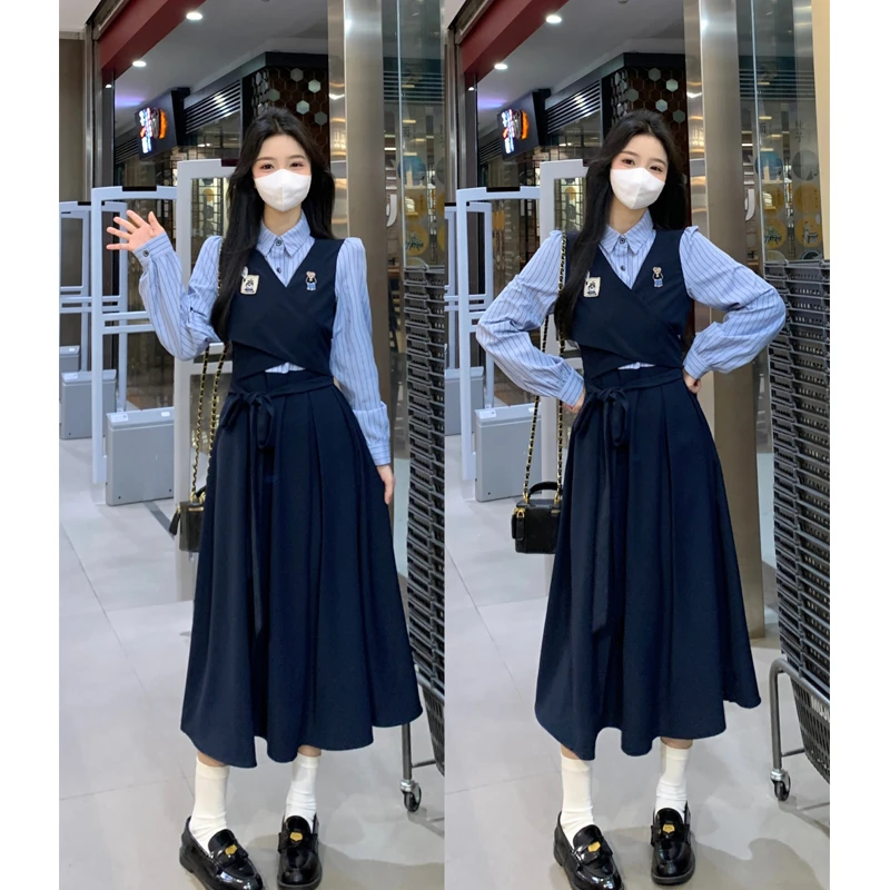 大码2025学院风长袖连衣裙女春季新款法式小个子教资面试穿搭长裙