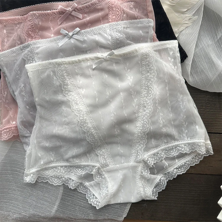 【波点蕾丝高腰收腹内裤】舒适弹力透气网纱棉裆收腹甜美三角裤-150