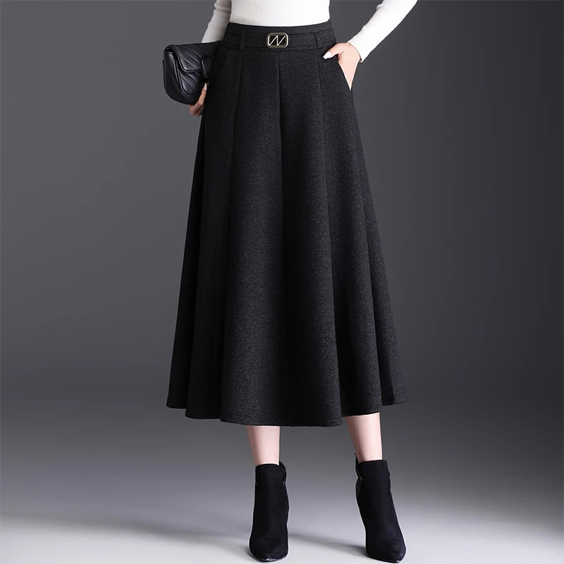 羊 绒八片式半身裙女加厚秋冬新款遮胯遮肚子中长款高腰显瘦a字裙