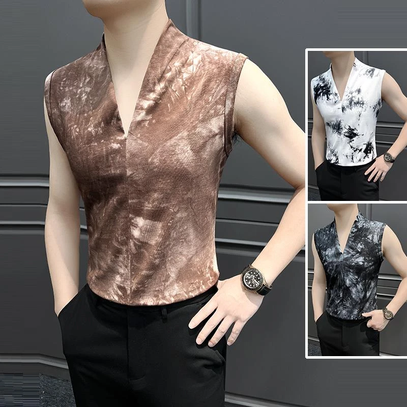 性感v领无袖小背心潮牌男款潮流痞帅新款夏季冰丝薄款外穿坎肩t恤