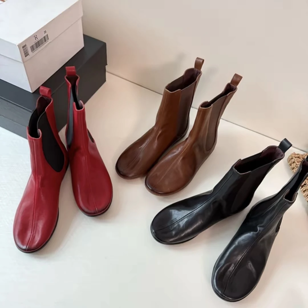 松紧带圆头切尔西靴短筒套筒粗跟复古通用百搭琥珀流光短靴靴子