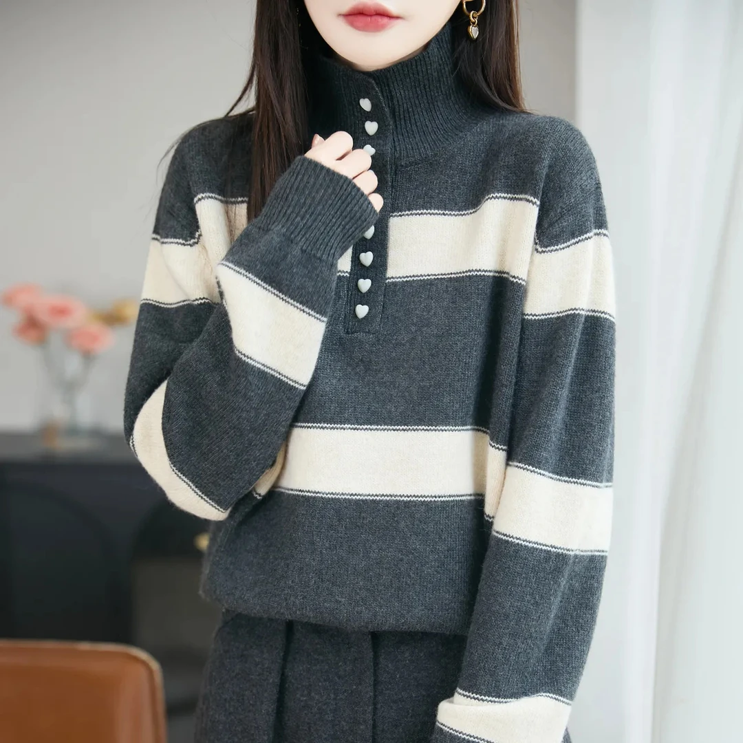 复古条纹撞色高领毛衣女秋冬季纽扣半开领加厚保暖打底针织衫宽松