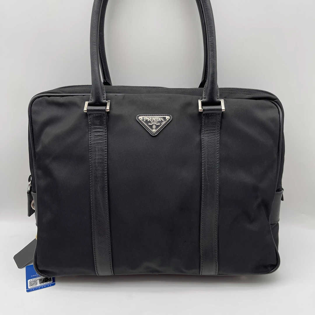 95新 Prada/普拉达 97新黑色尼龙拼皮手提公文包/降落伞休闲2188