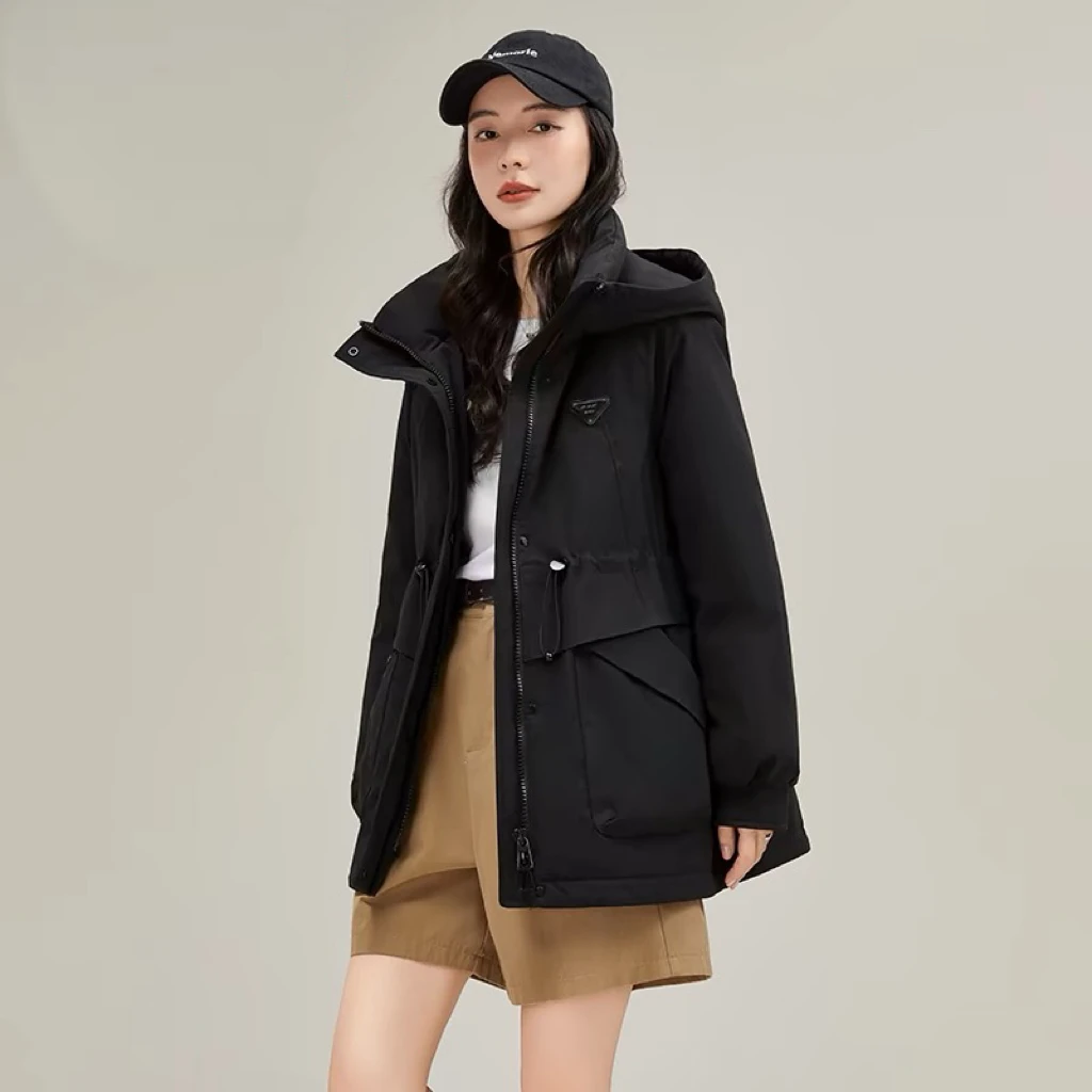 DR【三角标】新款加厚加棉纯色中长宽松收腰连帽冲锋衣外套24100