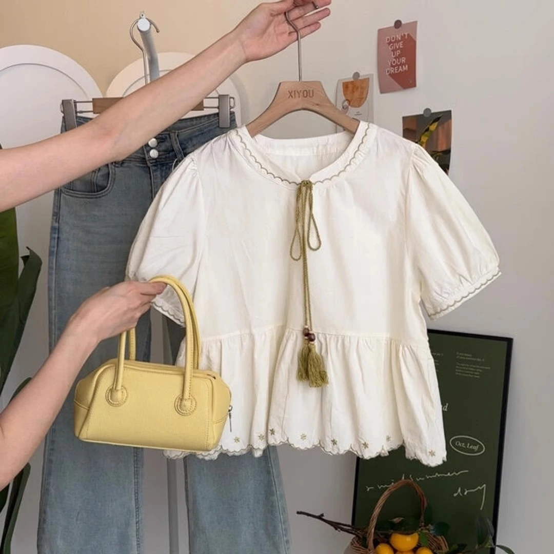 2025夏季新款刺绣花边系带短袖衬衫女超好看独特漂亮小衫上衣