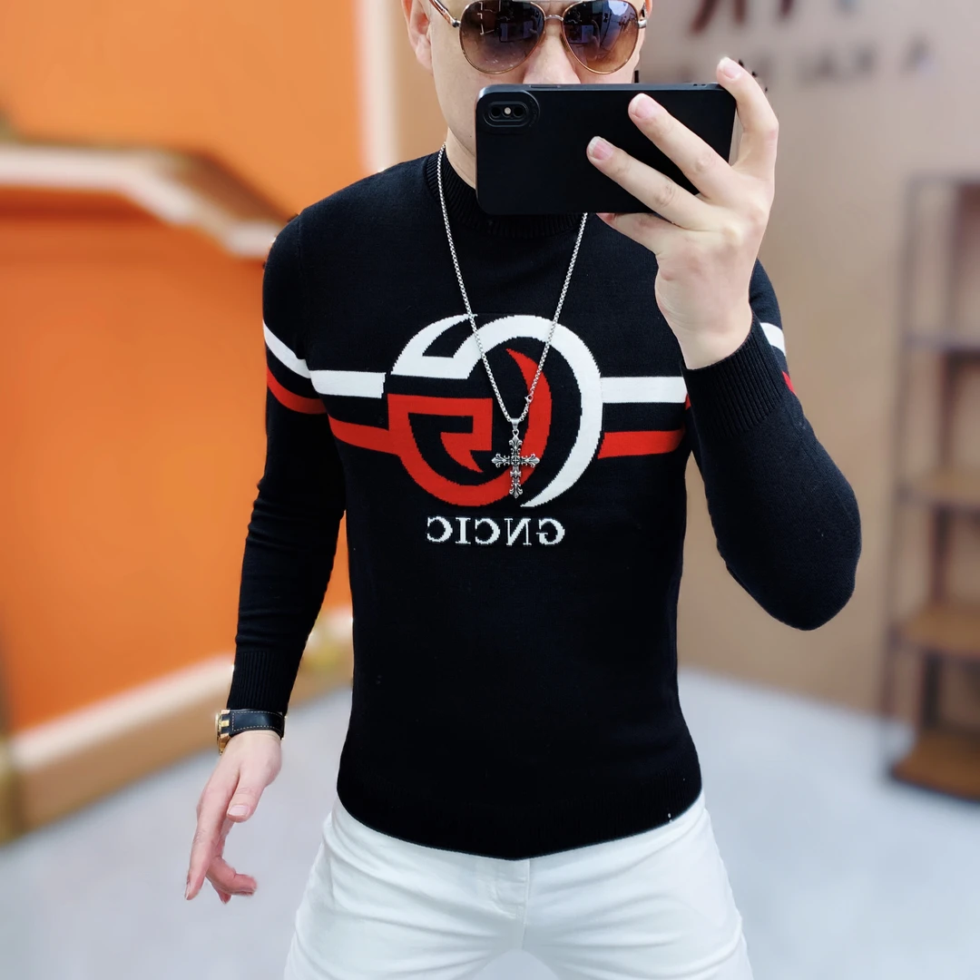 阿凯严选-欧货冬季新款个性潮流提花修身针织摩卡绒保暖毛衣打底